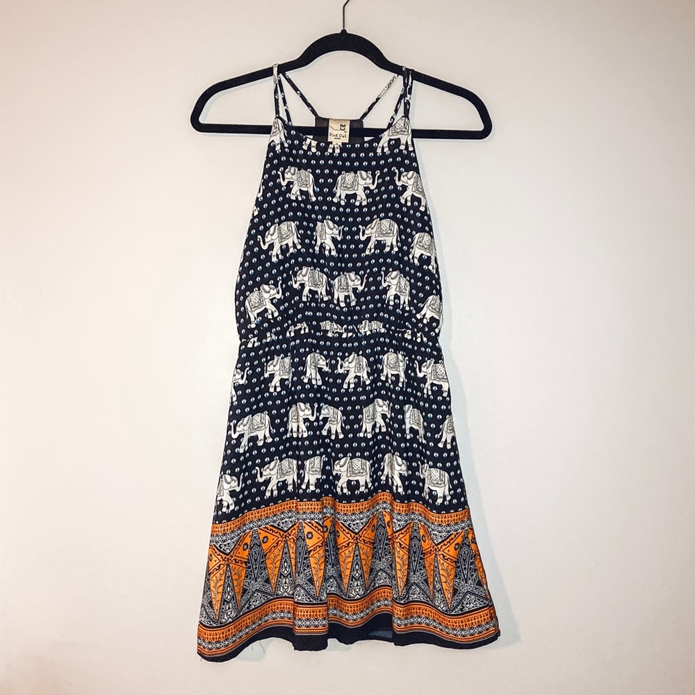 navy, white, and orange mini dress